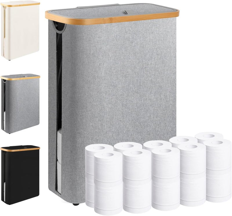 Dotpilgo Extra Large Toilet Paper Storage Basket with Lid 49L Slim Toilet Paper Basket Holder Bin Container Organizer for Bathroom Hold up to 20 Regular Rolls or 15 Mega Rolls - Image 1